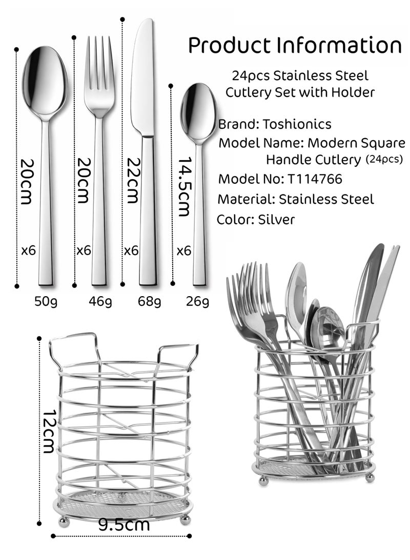 Toshionics 24-Piece Stainless Steel Cutlery Set with Holder | Modern Square Handle Flatware Set | Rust-Resistant Silver Spoon Fork Knife Set with Mesh Bottom Stand - Image 2